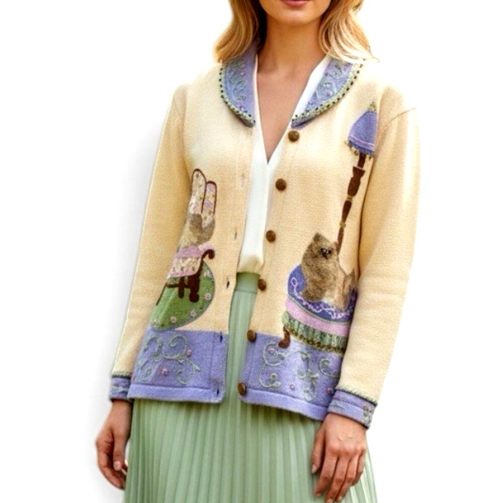 RARE Vtg Storybook Knits Cat Cardigan Floral Boho Pets 3D Grandma 90s Plus 1X